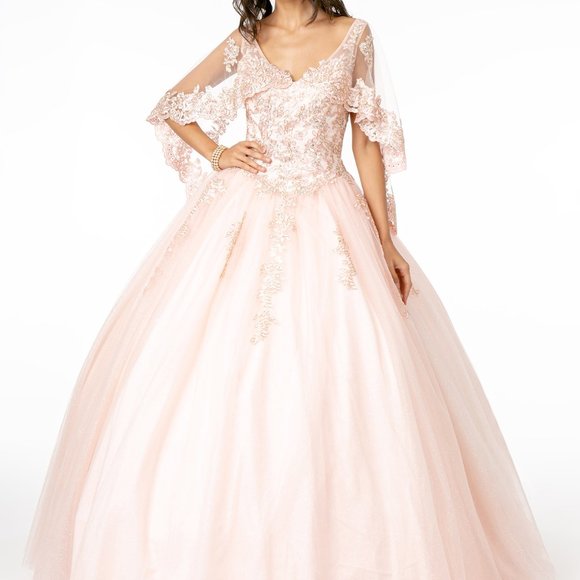 V-Neck Cape Sleeve Ballgown Evening Dress GSGL2800